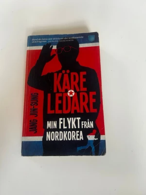 Käre ledare: Min flykt från Nordkorea - En pocketbok med röd, svart och blå framsida. Skriven av Jang Jin-sung och handlar om författarens dramatiska flykt från Nordkorea. Omslaget har en siluett med glasögon och text i stora bokstäver. Perfekt för dig som gillar verklighetsbaserade berättelser.