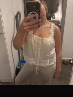 Vit spetsdetaljerad linnetopp H&M - Söt vit linnetopp från H&M med breda axelband och spetsdetaljer. Toppen har dekorativa knytband och volangkant upptill, vilket ger en romantisk vibe. Perfekt för sommardagar och enkel att styla med jeans eller kjol.