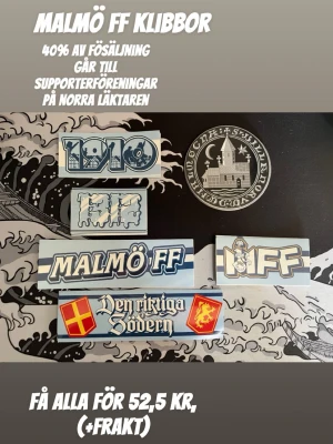 Malmö FF klistermärken mix - Säljer ett set med olika Malmö FF klistermärken i blått, vitt och gult. Motiven inkluderar text som '1910', 'MFF', 'Den riktiga Södern' och klubbens logga. Perfekt för att visa ditt stöd för laget på laptop, mobil eller cykel.