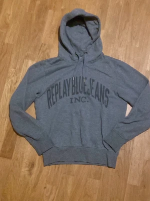 Grå hoodie Replay Blue Jeans - Snygg grå hoodie från Replay Blue Jeans med stor logga framtill. Klassisk huva med dragsko och ribbade muddar vid ärmar och midja. Perfekt för en avslappnad och trendig look. Mjuk bomullsblandning som känns skön mot huden.