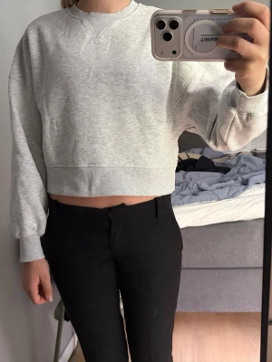 Ljusgrå croppad sweatshirt - Säljer en ljusgrå croppad sweatshirt med rund hals och breda muddar vid ärmslut och nederkant. Tröjan har en avslappnad passform och är tillverkad i mjukt sweatshirtmaterial, perfekt för en chill och enkel stil.