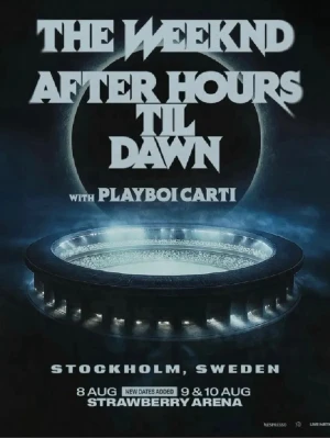 The Weeknd konsert Stockholm - Snygg affisch för The Weeknd After Hours Till Dawn-turnén med Playboi Carti. Motivet har futuristisk design i mörkblå och silverfärgade toner, med en stor arena och text om spelningarna i Stockholm på Strawberry Arena. Perfekt för fans av modern musik och konserter. Rad 3, plats 282 sektion 334 Vänster 