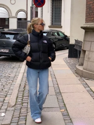 Svart pufferjacka från The North Face - Säljer en svart pufferjacka från The North Face med hög krage och klassisk logotyp på bröstet. Jackan har en boxig passform och är perfekt för kalla dagar. Materialet är syntetiskt och jackan har dragkedja framtill samt fickor på sidorna. Använd fåtal ggr (köpt för 2000)