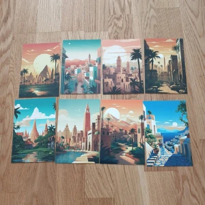 8 vykort med färgglada stadsmotiv - Säljer ett set med 8 vykort med färgglada illustrationer av olika städer och landskap. Motiven har solnedgångar, palmer, hav och arkitektur i varma och kalla toner. Baksidan är helt vit och utan text. Perfekt för att skicka hälsningar eller använda som dekoration. Skick: oanvänd, någon enstaka kan vara lite kant stött. Storlek: ca 15×10cm