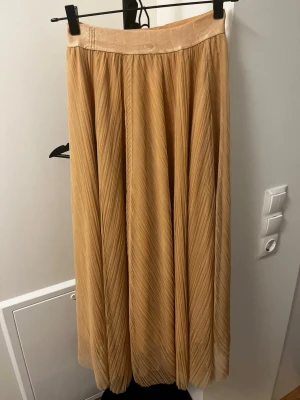 Plisserad beige långkjol i mesh - Säljer en snygg plisserad långkjol i beige mesh med bred resår i midjan. Kjolen har ett skirt, luftigt tyg som ger ett flowy intryck och passar perfekt till olika stilar. Enkel att matcha med både sneakers och boots.