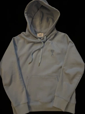 Ljusblå hoodie från Ami Paris - Snygg ljusblå hoodie från Ami Paris med broderad logga på bröstet. Klassisk känguruficka, dragsko i huvan och ribbade muddar. Perfekt för en chill och stilren look. Tillverkad i mjuk bomull för extra komfort.