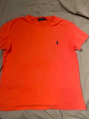  t-shirt från Polo Ralph Lauren - Säljer en orange t-shirt från Polo Ralph Lauren med klassisk passform och korta ärmar. T-shirten har en rund halsringning och den ikoniska blå loggan broderad på bröstet. Perfekt för en avslappnad och stilren look. Storlek XL 