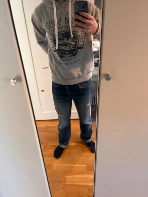 Grå hoodie Denim Goods - Snygg grå hoodie från Denim Goods med stor svart print framtill och vita dragsnören i huvan. Klassisk passform med ribbade muddar vid ärmar och midja. Perfekt för en avslappnad och trendig look.