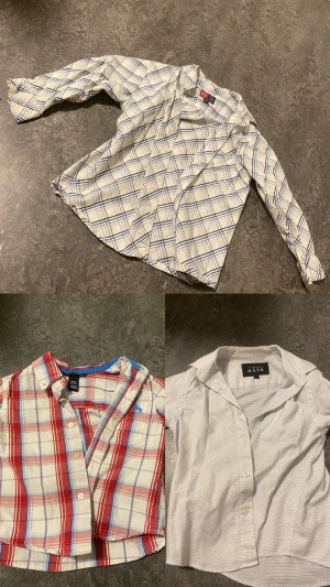 3 rutig skjortor för barn  - Säljer tre skjortor i bomull med rutigt mönster. En vit med blå och beige rutor, en röd och vit samt en ljus med diskreta prickar. Alla har klassisk krage och knappar framtill. Perfekta för en avslappnad och stilren look.