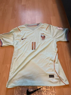 Frankrike fotbollströja Olise #11 - Ljusblå Frankrike fotbollströja från Nike med Olise och nummer 11 på ryggen. Tröjan har korta ärmar, bronsfärgade detaljer och FFF-logga med två stjärnor på bröstet. Ränder i blått, vitt och rött vid ärmsluten samt orangea sömmar.