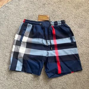 Rutig Burberry shorts med snörning - Snygga shorts från Burberry med klassiskt rutigt mönster i marinblått, ljusblått, vitt, grått och en röd detalj. De har elastisk midja med snörning och är tillverkade i ett lätt, syntetiskt material. Perfekta för sommaren och ger en cool vibe till din outfit.