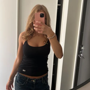 Svart linne - Svart linnetopp från Intimissimi med smala axelband och rundad halsringning. Linnet går att dra ner och ha så magen syns om man vill. Linnet har ingen lapp vid ryggen på storleken men den är i storlek S och passar även M. Nytt skick💕köpt för 210kr