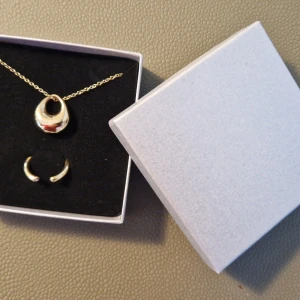 Guldfärgat smyckeset med halsband och ring från "GODDESS" - Säljer ett helt oanvänt smyckeset "GODDESS" (Guldfynd) i guldpläterat stål. Ett halsband med droppformat hängsmycke och en öppen ring med små stenar i ändarna. Vackert mot solbrun hud och perfekt till studenten! Halsbandskedja 42cm +5 cm förlängning. Ring, justerbar, men passar inte för väldigt smala fingrar.