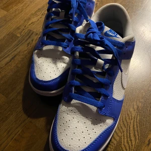 Nike Dunk i blått och vitt - Snygga Nike Dunk sneakers i en fräsch kombination av blått och vitt. Skorna har en klassisk design med snörning och den ikoniska Nike-loggan på hälen. Perfekta för en stilren look. Använda 4 gånger då jag inte använde de och inte passade mina fötter. Det är storlek 41. Inköpspris var 1200kr å jag säljer för 700!