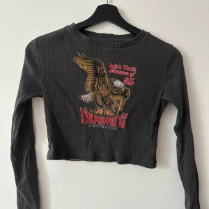 Grå ribbad croppad tröja från The People Vs - Säljer en grå ribbad croppad tröja från The People Vs med ett coolt tryck av en örn och texten 'Bike Week Summer of 85'. Tröjan har långa ärmar och en avslappnad stil. Perfekt för en edgy look!