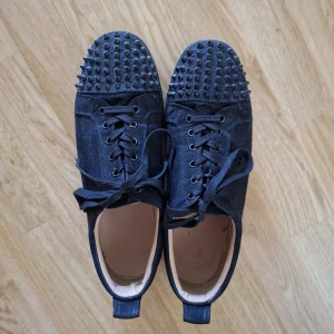 Svarta Christian Louboutin sneakers med nitar - Säljer ett par svarta sneakers från Christian Louboutin med ikonisk röd sula och coola svarta nitar över tån. Skorna har snörning och är gjorda i mocka med platt sula och rund tå. Perfekt för dig som vill sticka ut med en edgy vibe. Storlek 43. Säljer dom då de är för stora för mig. Hör av dig vid minsta fundering! 😁 