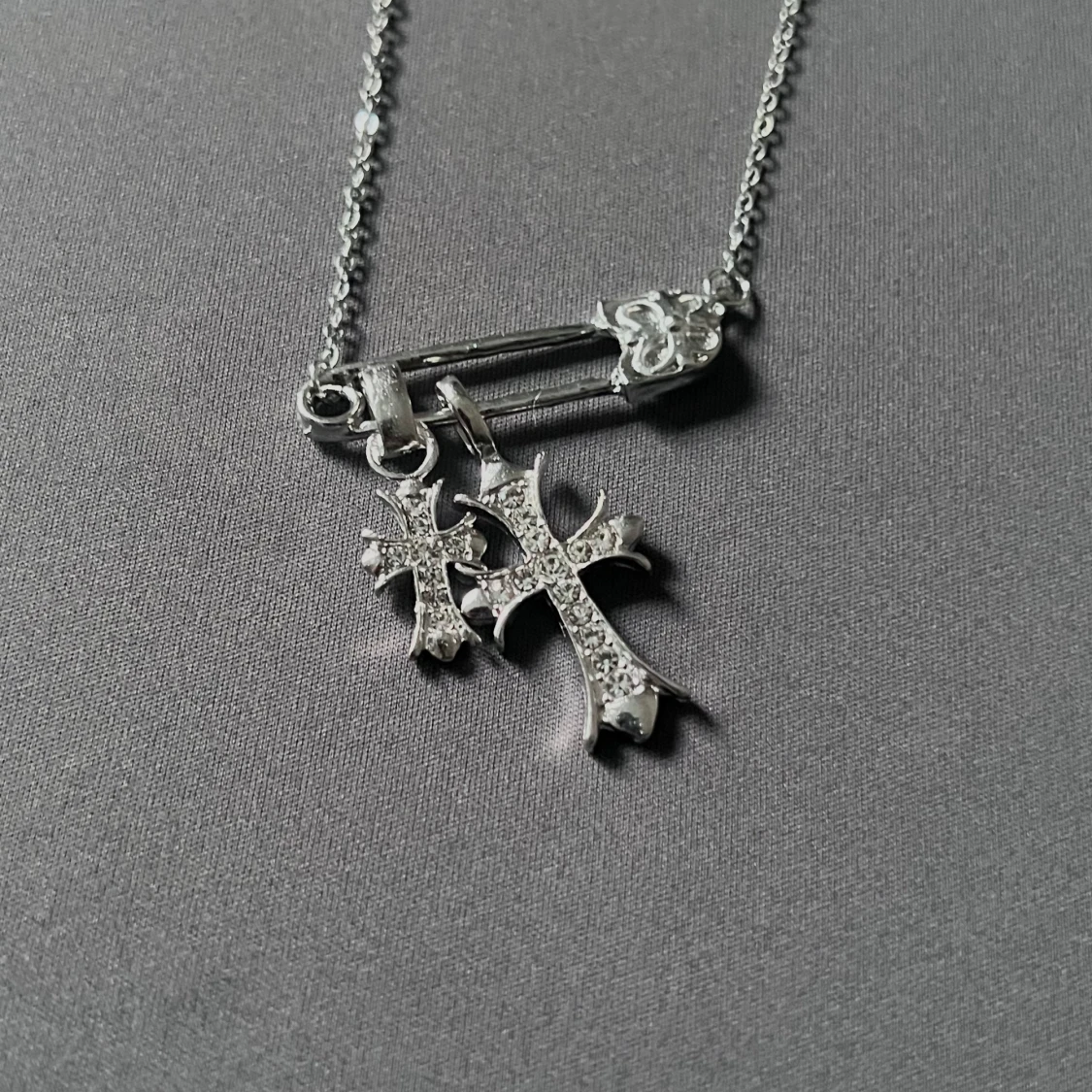 Duo Cross Safety Pin Necklace - 1