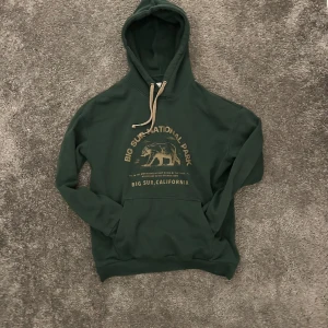 Grön hoodie med tryck - Säljer en grön hoodie med tryck av en björn och texten 'Big Sur National Park, Big Sur, California'. Hoodien har en känguruficka och justerbar huva med snören. Perfekt för en avslappnad stil.