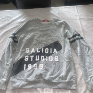 Grå sweatshirt Saligia Studios 1999 - Snygg grå sweatshirt från Saligia Studios med tryck i vitt och svart på framsidan och två svarta ränder på ärmarna. Tröjan har rund hals och långa ärmar, perfekt för chill dagar eller när du vill ha en casual look. Storlek L, men passar M
