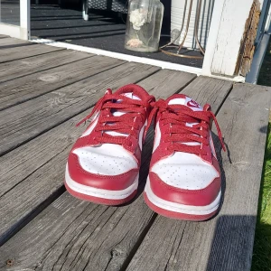 Nike Dunk Low röd/vit sneakers - Nike Dunk Low sneakers i rött och vitt med klassisk design. Skorna har lågt skaft, snörning och rund tå. Ovandelen är i skinn med röda detaljer och vit bas, samt Nike-logga på häl och plös. Perfekta för dig som gillar streetstyle och vill sticka ut. Box med kommer!