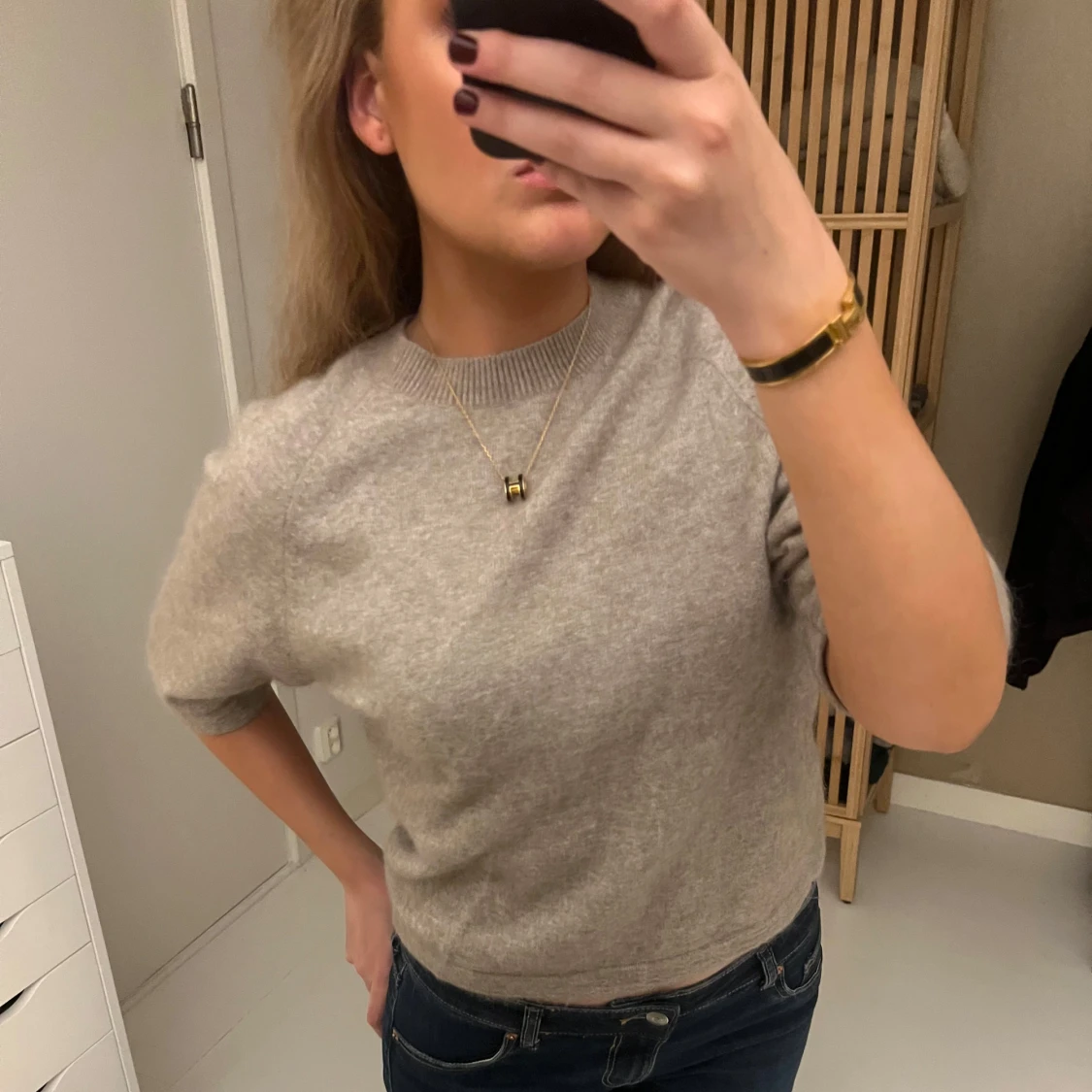 Beige stickad tröja med kort ärm - 2