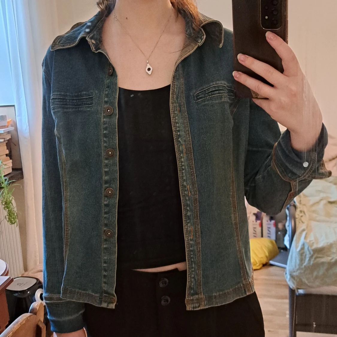 Vintage blå/grön jeansjacka med knappar