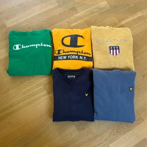 Hoodie/sweatshirt  - 12/13år  ungefär 158/164  Olika skick på respektive tröja: Grön Champion - gott skick  Gul Champion - gott skick  Gul gant - mycket gott skick (använt, fåtal gånger) Ljusblå lyle & scott - gott skick  Mörkblå lyle & scott (sweatshirt) - mycket använd   Allt för 450kr   Fler bilder kan efterfrågas.