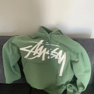 Grön hoodie från Stüssy - Säljer en grön hoodie från Stüssy med stor vit logga både fram och bak. Köpt från sneakers n stuff i stockholm för 2700:- för nått år sen inte använt mycket. 