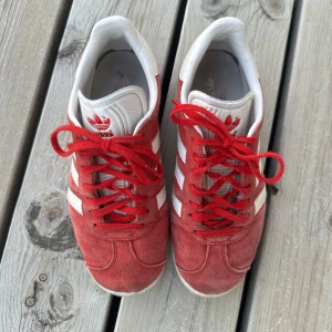 Röda Adidas Gazelle sneakers - Röda Adidas Gazelle sneakers med vita detaljer i storlek 36. Välanvända och därför slitna, därav det lägre priset. Supercoolt att styla sin outfit med dessa!💥💥