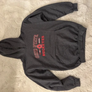 Grå hoodie från Champion - Säljer en grå hoodie från Champion med Ohio State Buckeyes-tryck i rött och vitt. Tröjan har en klassisk känguruficka och ribbade muddar vid ärmslut och nederkant. Perfekt för en avslappnad stil eller sportiga aktiviteter.