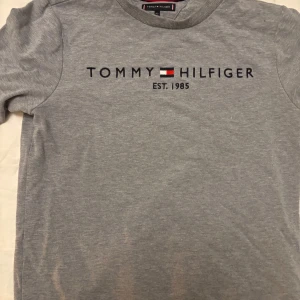 Grå långärmad tröja från Tommy Hilfiger - Säljer en stilren grå långärmad tröja från Tommy Hilfiger med deras ikoniska logga och text 'Est. 1985' på bröstet. Perfekt för en avslappnad och trendig look.