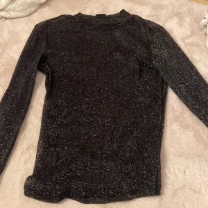 Glittrig svart topp från Gina Tricot - Säljer en tunn, glittrig svart långärmad topp från Gina Tricot i storlek S. Toppen har en tight passform och är genomskinlig med ett snyggt glittrigt material som verkligen sticker ut. Perfekt för dig som vill ha något extra till outfiten!