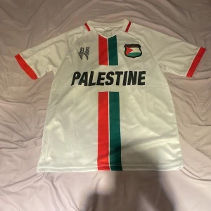 Vit Palestina fotbollströja med tryck - Vit fotbollströja från FC Palestine med svart text, emblem på bröstet och vertikala ränder i rött och grönt. Röda detaljer på ärmslut och krage. Baksidan har svart tryck och samma färgade ränder. Tillverkad i lätt och ventilerande material, perfekt för match eller träning.