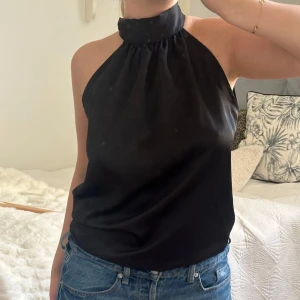 Svart halterneck topp - Snygg svart halterneck topp med hög krage och knytning i nacken. Perfekt för en stilren look, passar bra till jeans eller kjol.
