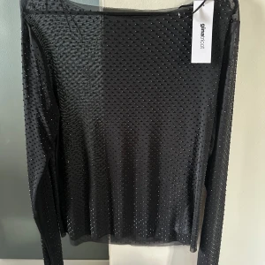 Svart mesh topp med strass Gina Tricot - Gina tricot, storlek L, oanvänd med prislapp kvar   Långärmad meshtopp med strassdetaljer/glitterstenar. Toppen är svart och har skir kvalitet. Den har hög halsringning och figurnära passform.