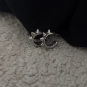 Silvriga örhängen från edblad  - Säljer ett par coola silvriga örhängen i rund form med tydliga spikes runt hela ringen. Perfekt för dig som gillar edgy och unik stil. Metallfinishen ger en snygg glans och de är lätta att matcha med streetwear eller rockiga outfits. Tyvärr saknas plupparna där bak men det går bra med vilka som helst. 