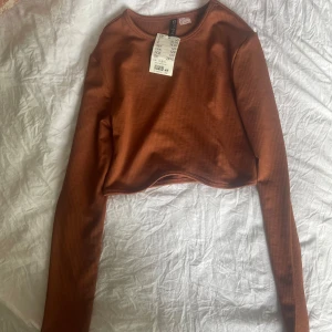 Rostbrun croppad långärmad tröja från H&M - Säljer en rostbrun croppad långärmad tröja från H&M. Tröjan är ribbad och har en tight passform med rund halsringning. Perfekt att styla med höga jeans eller kjol.