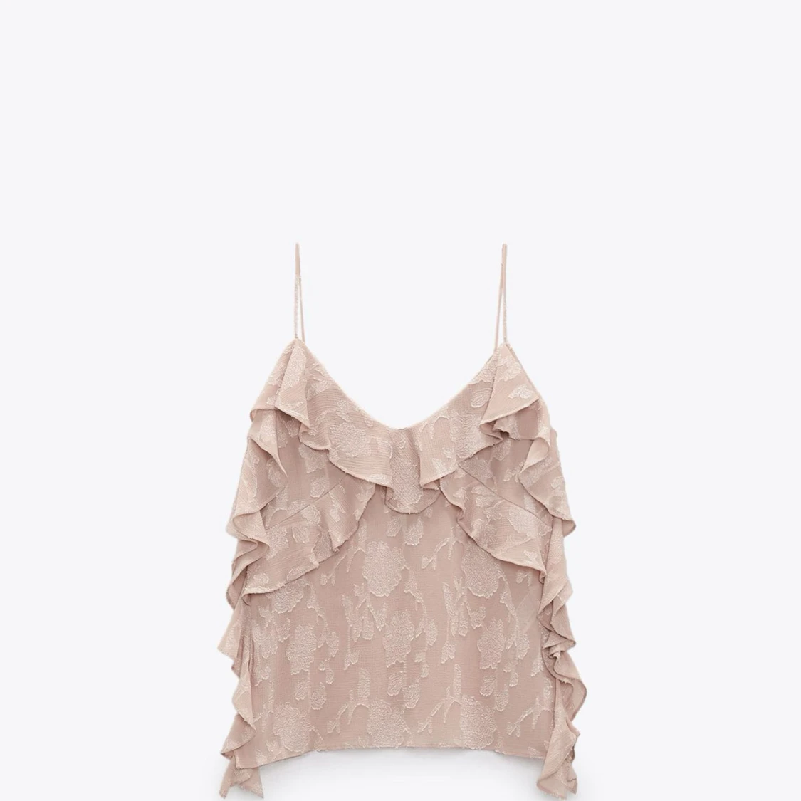 Rosa volangprydd linnetopp med spetsdetaljer