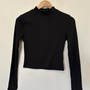 Svart ribbad polotröja från H&M - Säljer en stilren svart ribbad polotröja från H&M. Tröjan har långa ärmar och en hög krage som ger en klassisk look. Perfekt för lager-på-lager under kyligare dagar.