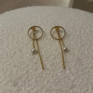 Guldörhängen från Dior - Eleganta guldörhängen med glittriga cirklar och hängande kedjor. Varje örhänge har en vit pärla och en tunn stav som ger en stilren look.