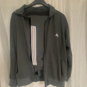 grå set från Adidas - Säljer en svart träningsjacka från Adidas med dragkedja och två fickor framtill. Jackan har en klassisk design med Adidas-loggan på bröstet. Perfekt för träning eller en avslappnad stil.