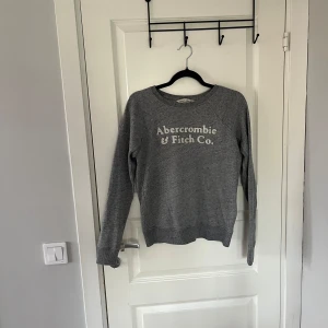 Grå tröja från Abercrombie & Fitch - Säljer en stilren grå tröja från Abercrombie & Fitch med deras logga tryckt på framsidan. Tröjan har långa ärmar och en bekväm passform, perfekt för en avslappnad look.