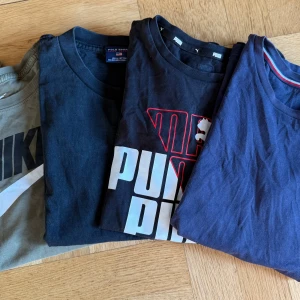 Tshirt bundle stl 140, Tommy Hilfiger,  Polo, Puma och Nike.  - Märkes t-shirts, diverse märken i fint skick säljes. Alla ungefär i samma storlek även om de varierar på lapparna. Är ca 140cl även om det står olika på lapparna.  Denna innehåller en Tommy Hilfiger,  Polo, Puma och Nike.  Använda men i gott skick. 