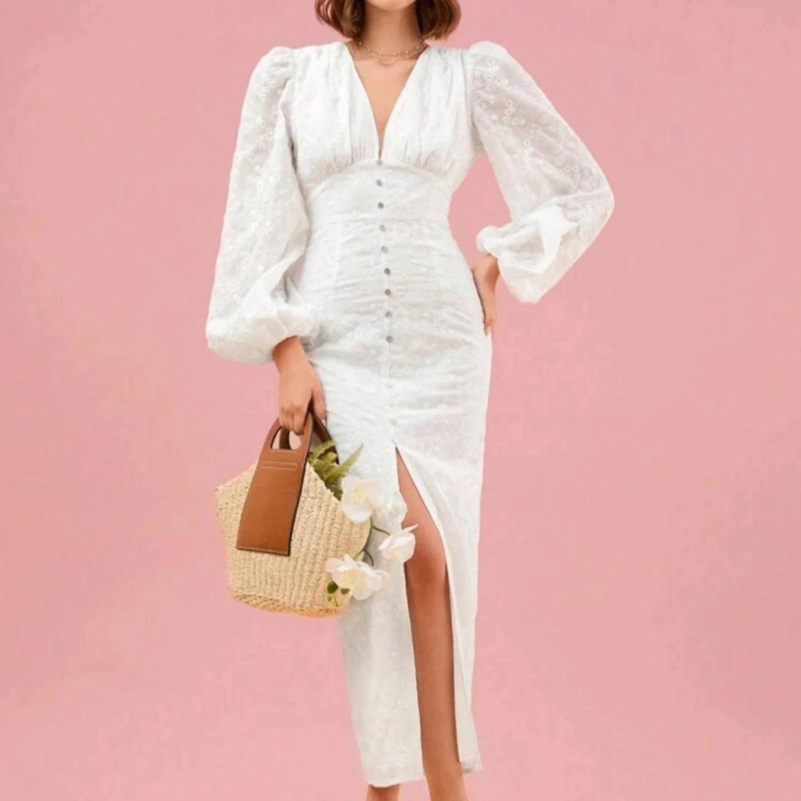 Vit långklänning med slits och puffärm - 2