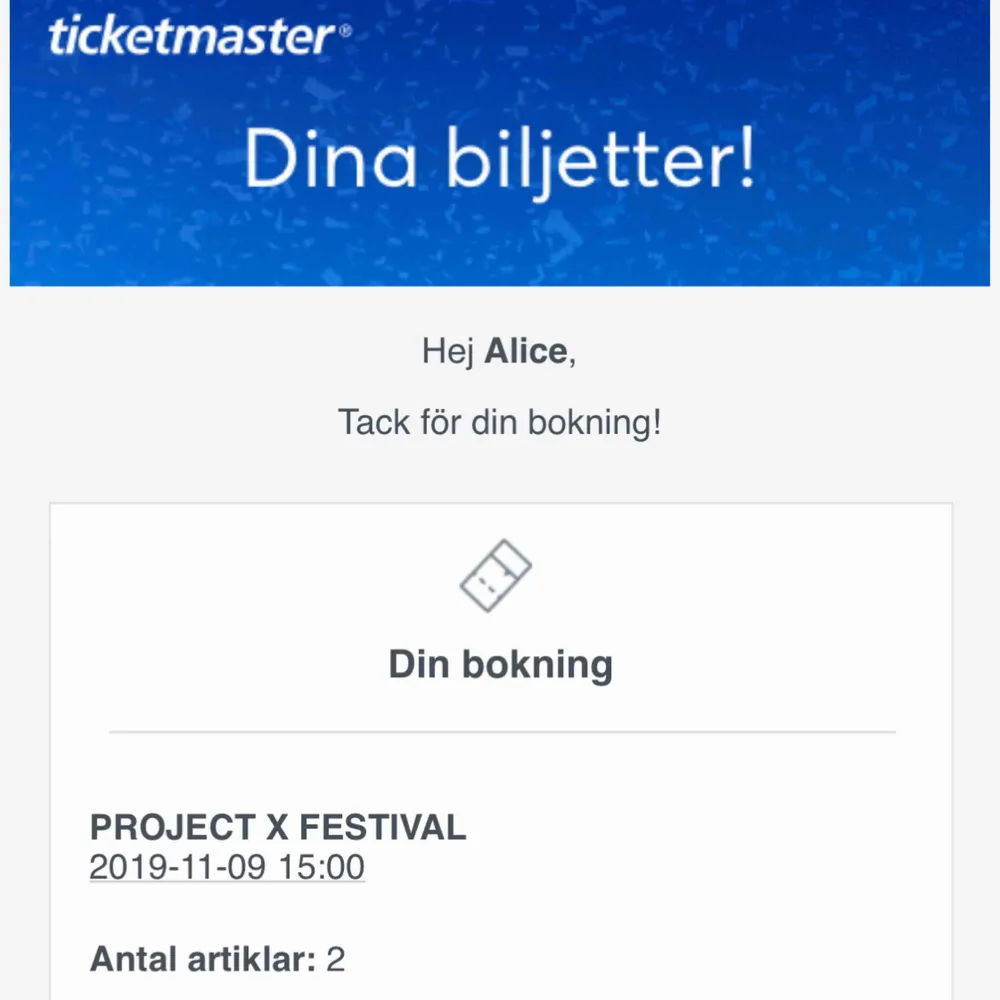 Två stå plats biljetter 18+ säljes till project X  Från Facebook evenemanget:   Big Slap & Summer On Stolt Project X Festival i Malmö Arena 9 November. En festival med magisk nattklubbskänsla. Innerplan & premium från 18 år . Övrigt.