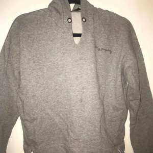  - Hoodie med insytt ”my property” på bröstet från ellos.  Snöret i luvan har ramlat bort.  Modellen är Lite urringad precis vid halsen.