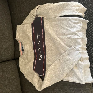 Grå sweatshirt från GANT - Säljer en snygg och bekväm grå sweatshirt från GANT. Den har ett stilrent tryck med märkesnamnet över bröstet i vitt och rosa. Tröjan är långärmad och perfekt för både vardag och avslappnade tillfällen. Passar bra till jeans eller joggers!