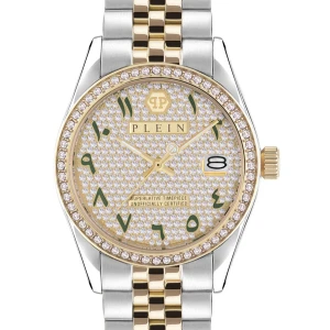 Philipp Plein PWYAA0823 Street Couture 34mm - Elegant klocka från Philipp Plein med en tvåfärgad länk i guld och silver. Urtavlan är glittrig med gröna siffror och en datumvisare. Boetten är dekorerad med stenar runt om, vilket ger en lyxig känsla. Perfekt accessoar för att lyfta din stil.