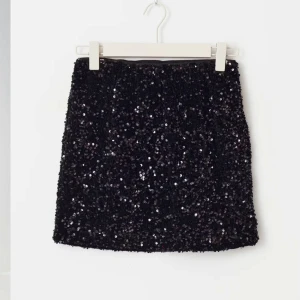 Svart paljettkjol - Trendig svart kortkjol täckt med glittriga paljetter. Perfekt för att lysa upp kvällen med en touch av glamour. Passar utmärkt till en stilren topp och kavaj. Endast använd 1 gång!