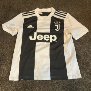CR7 Juventus tröja Adidas - Barnstorlek L, tröjan har varit uppspikad på väggen därför förekommer det små hål på axlarna och i kragen, se bild,  inget som stör mig men bör kännas till. Tröjan är annars i bra skick förutom jeep sponsormärket som är lite slitet. Se bild 